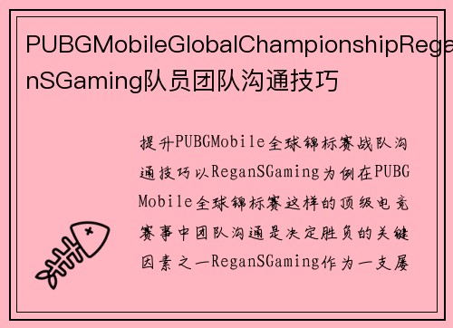 PUBGMobileGlobalChampionshipReganSGaming队员团队沟通技巧