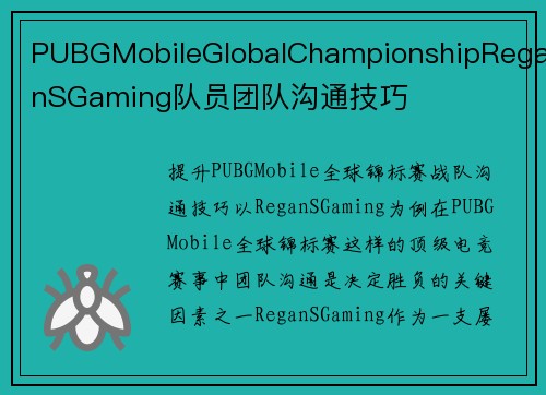 PUBGMobileGlobalChampionshipReganSGaming队员团队沟通技巧