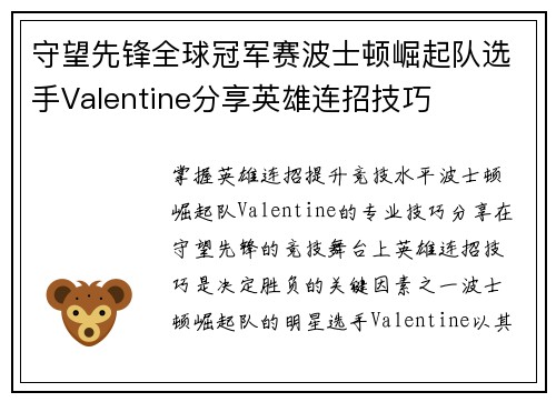 守望先锋全球冠军赛波士顿崛起队选手Valentine分享英雄连招技巧