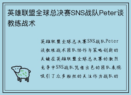英雄联盟全球总决赛SNS战队Peter谈教练战术